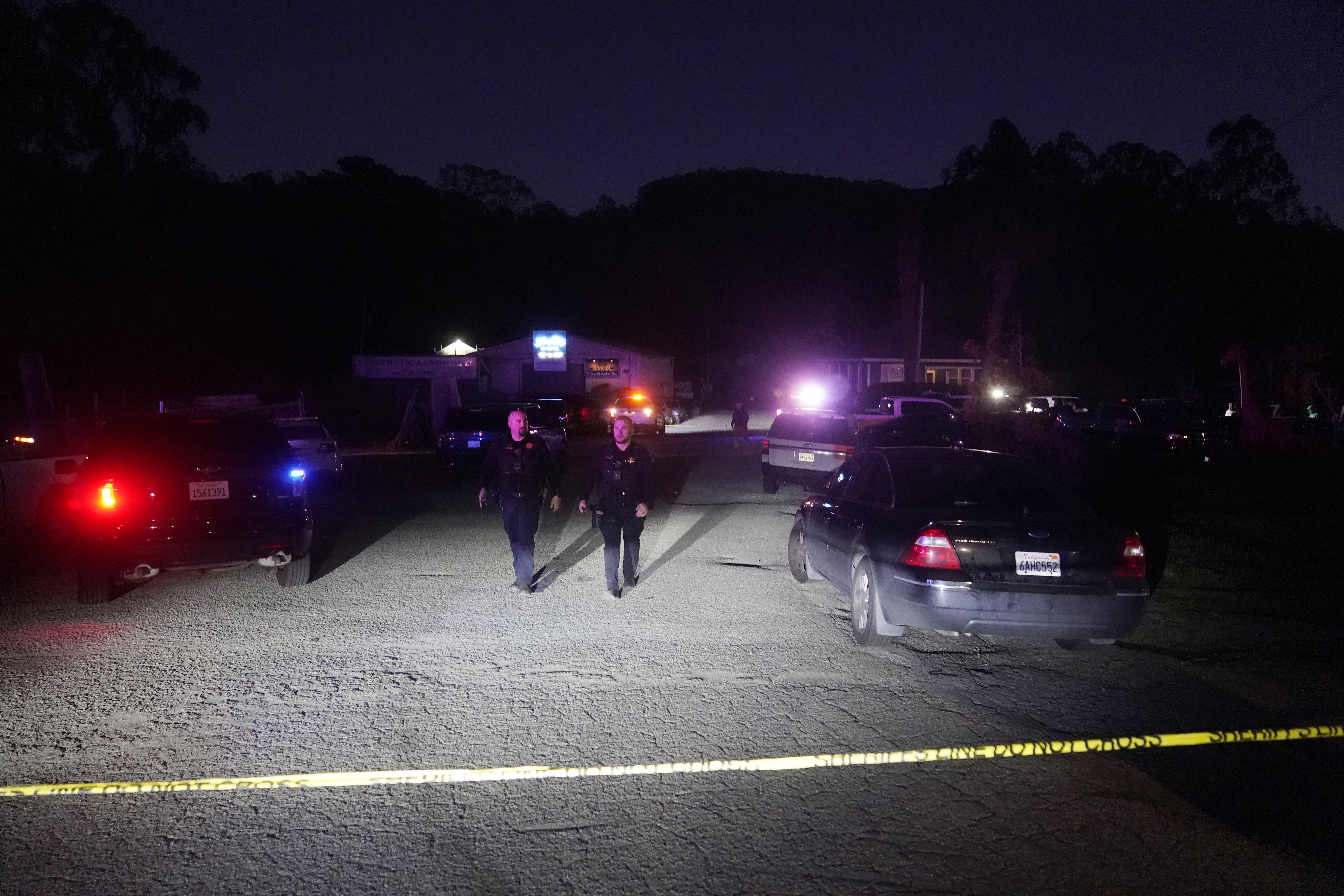 Police at the scene of a shooting in Half Moon Bay, California.
