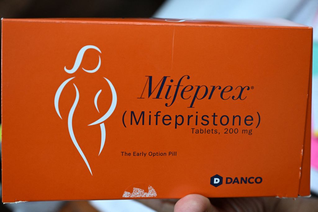 A box of prescription mifepristone for abortions. 