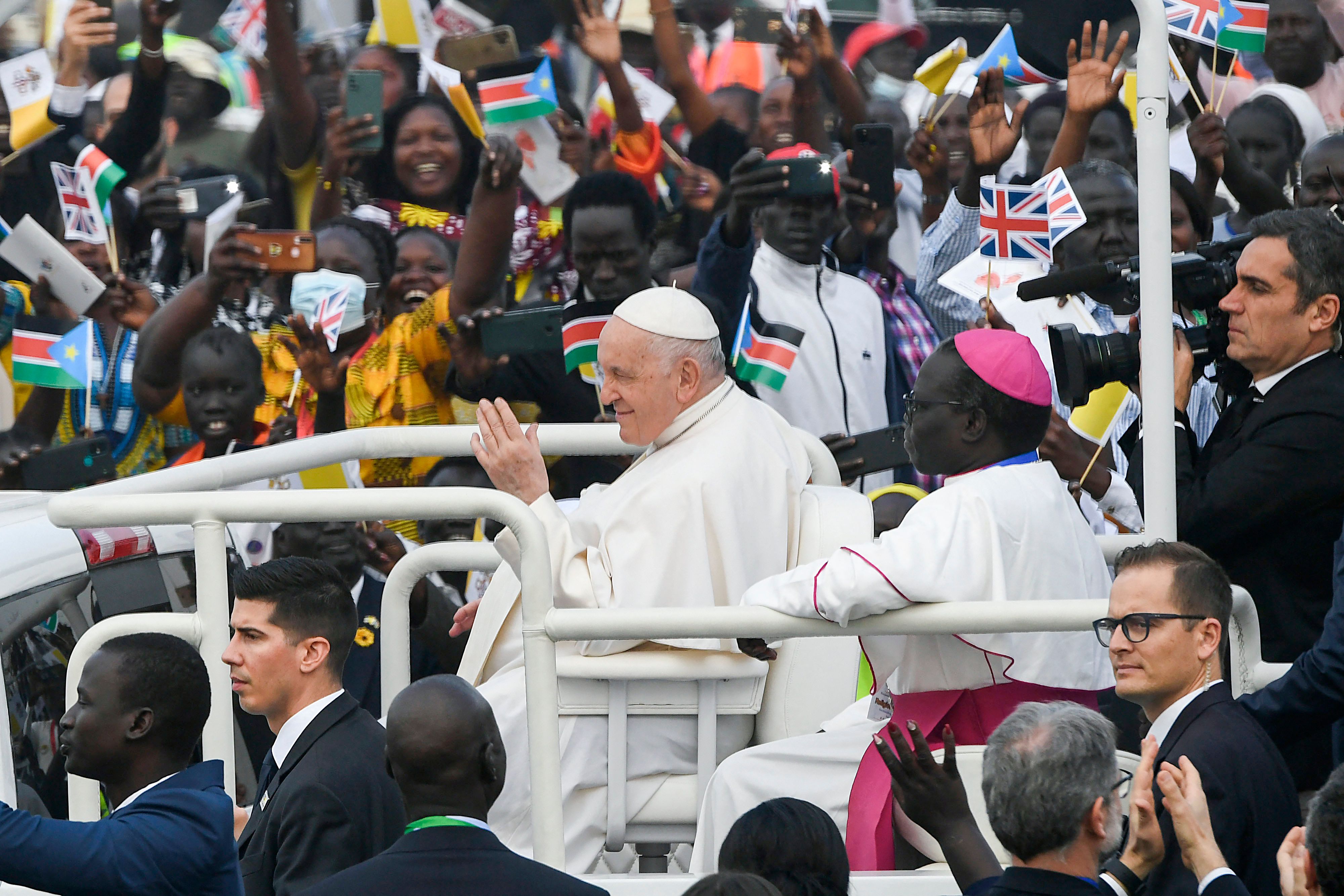 Pope Francis greets crowds in South Sudan. 