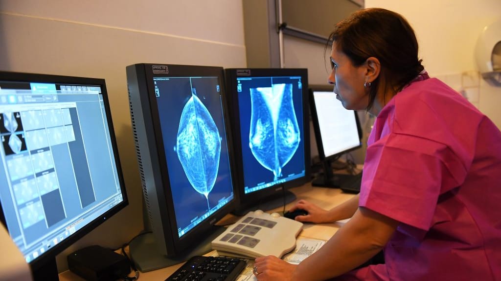A doctor looks at the results of a mammogram.