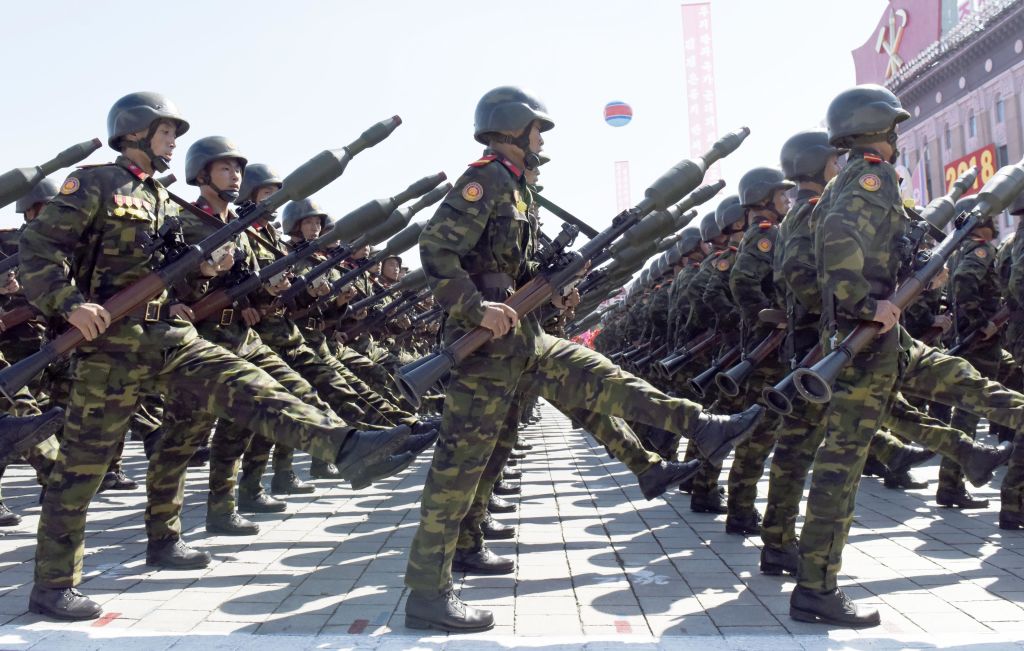 North Korean soldiers march in a parade in 2018. 