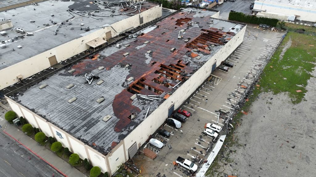 An industrial building in Montebello, California, that was damaged during a possible tornado.