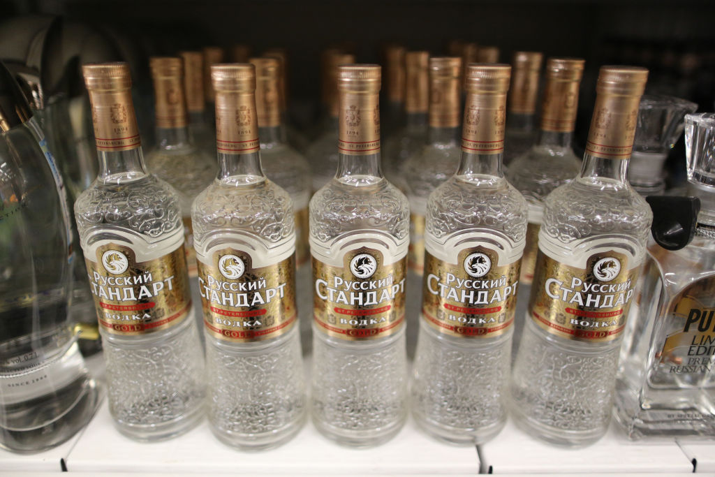 A row of Russian vodka bottles. 