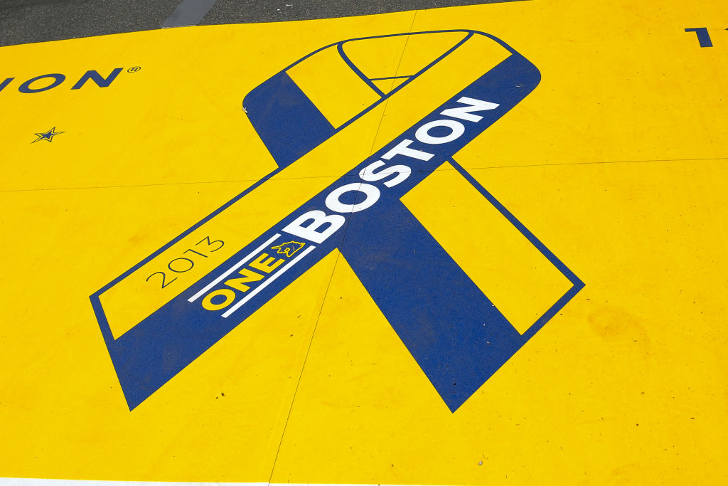A Boston Strong logo near the marathon finish line. 