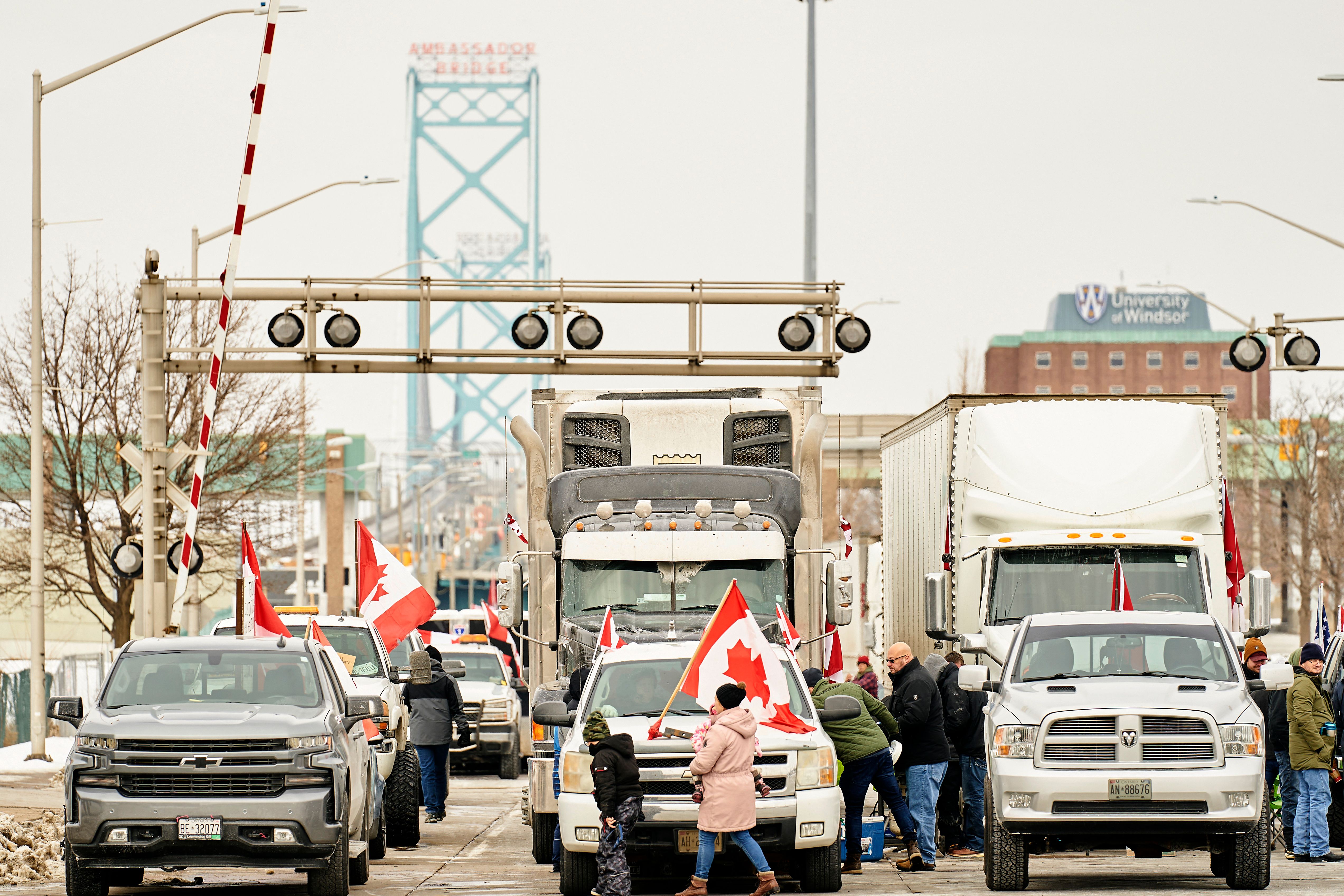 The Freedom Convoy protest blocks the Ambassador Bridge border crossing