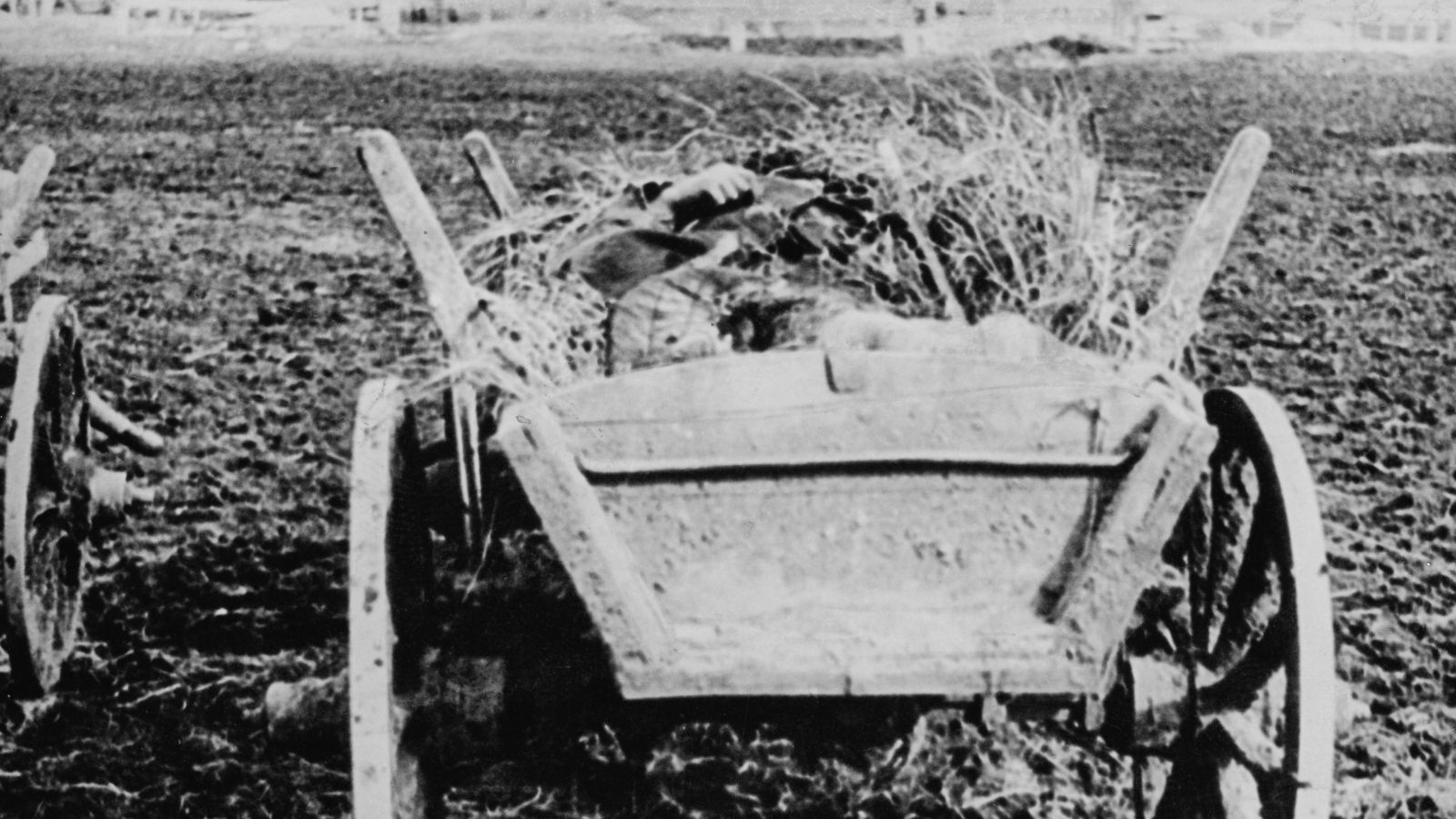 A victim lies in a lay cart in Ukraine, 1934.