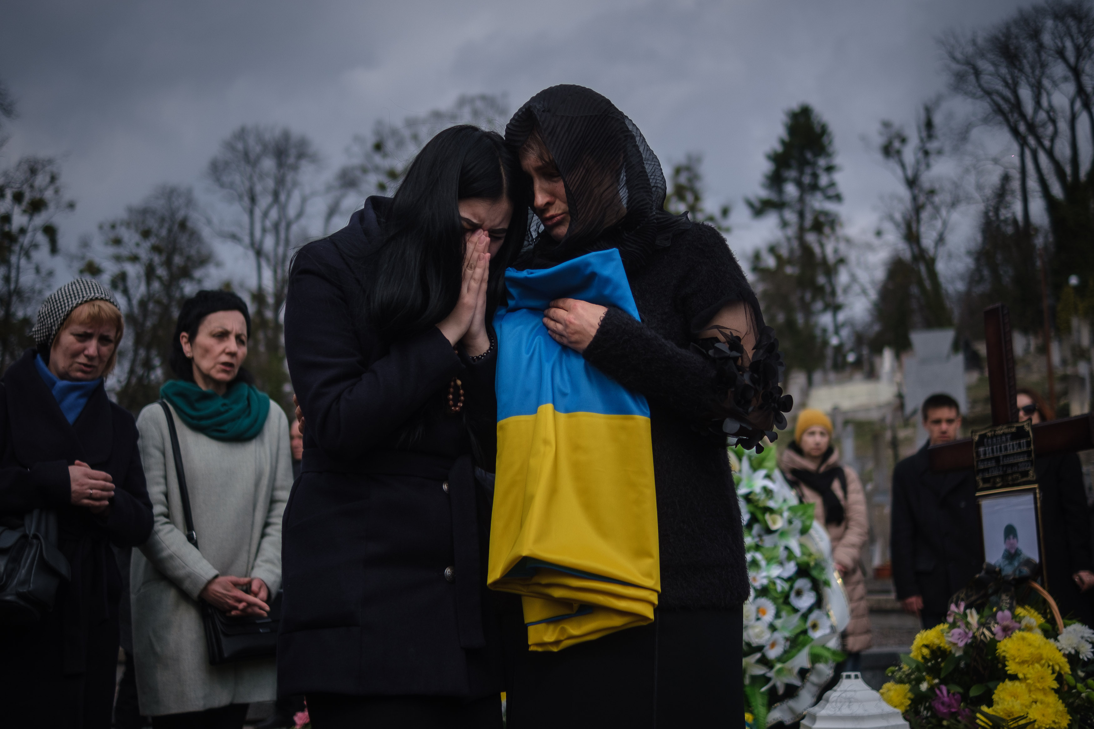Mourners at the funeral of a Ukrainian soldier in Lviv