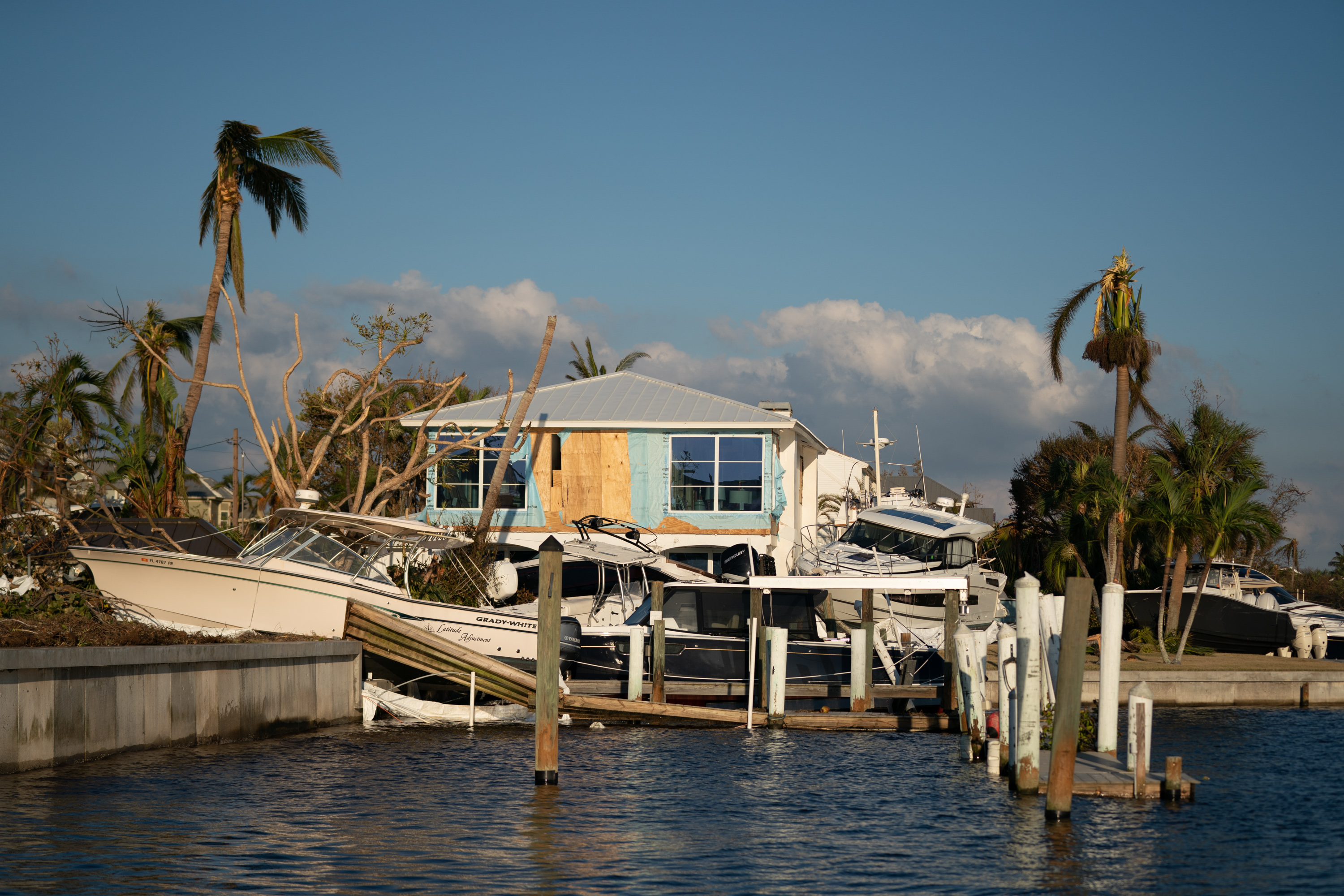 A view of a destroyed boat in Florida following Hurricane Ian. 