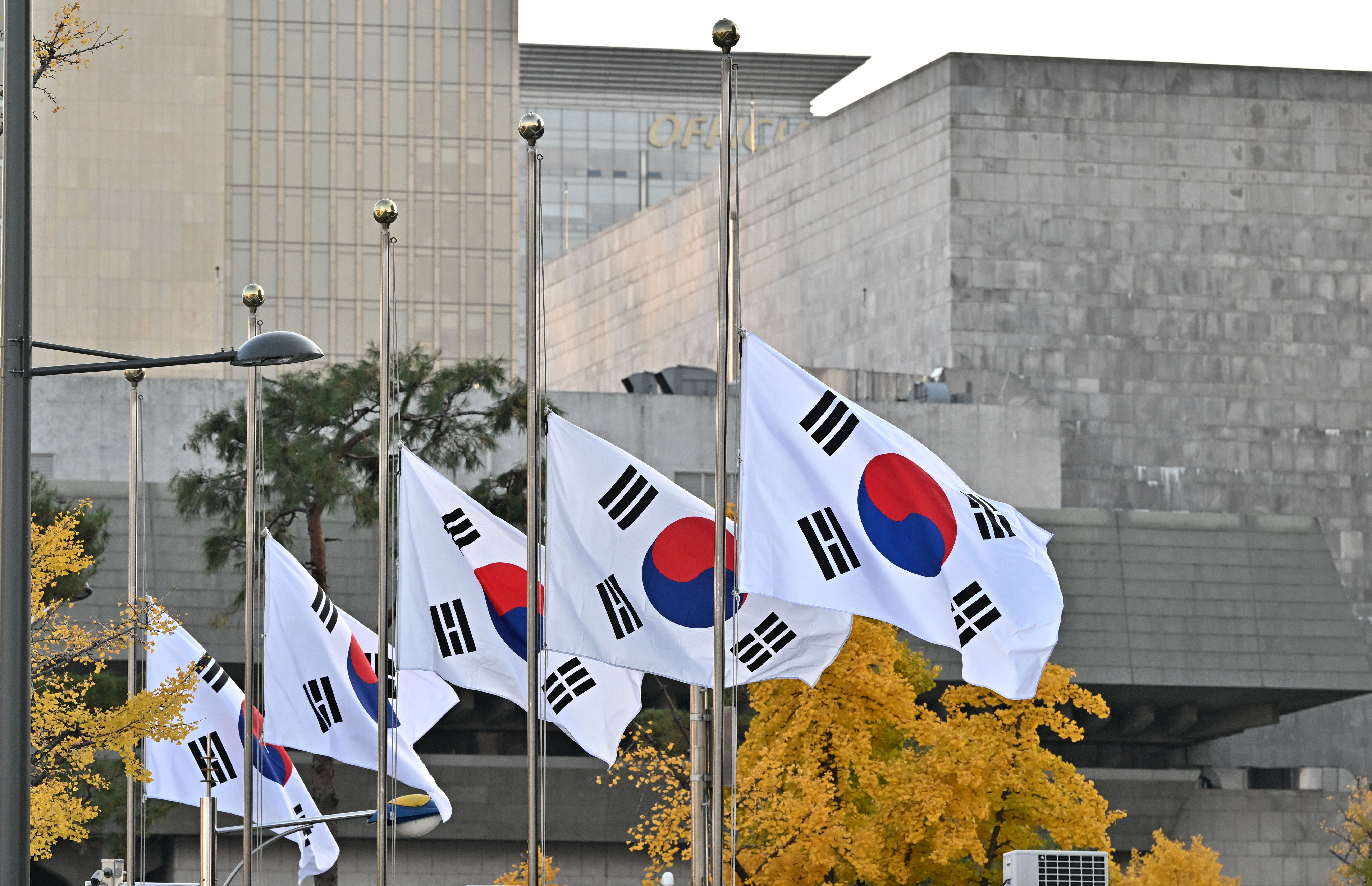 South Korean flags fly at hall-staff following a human crash in Seoul. 