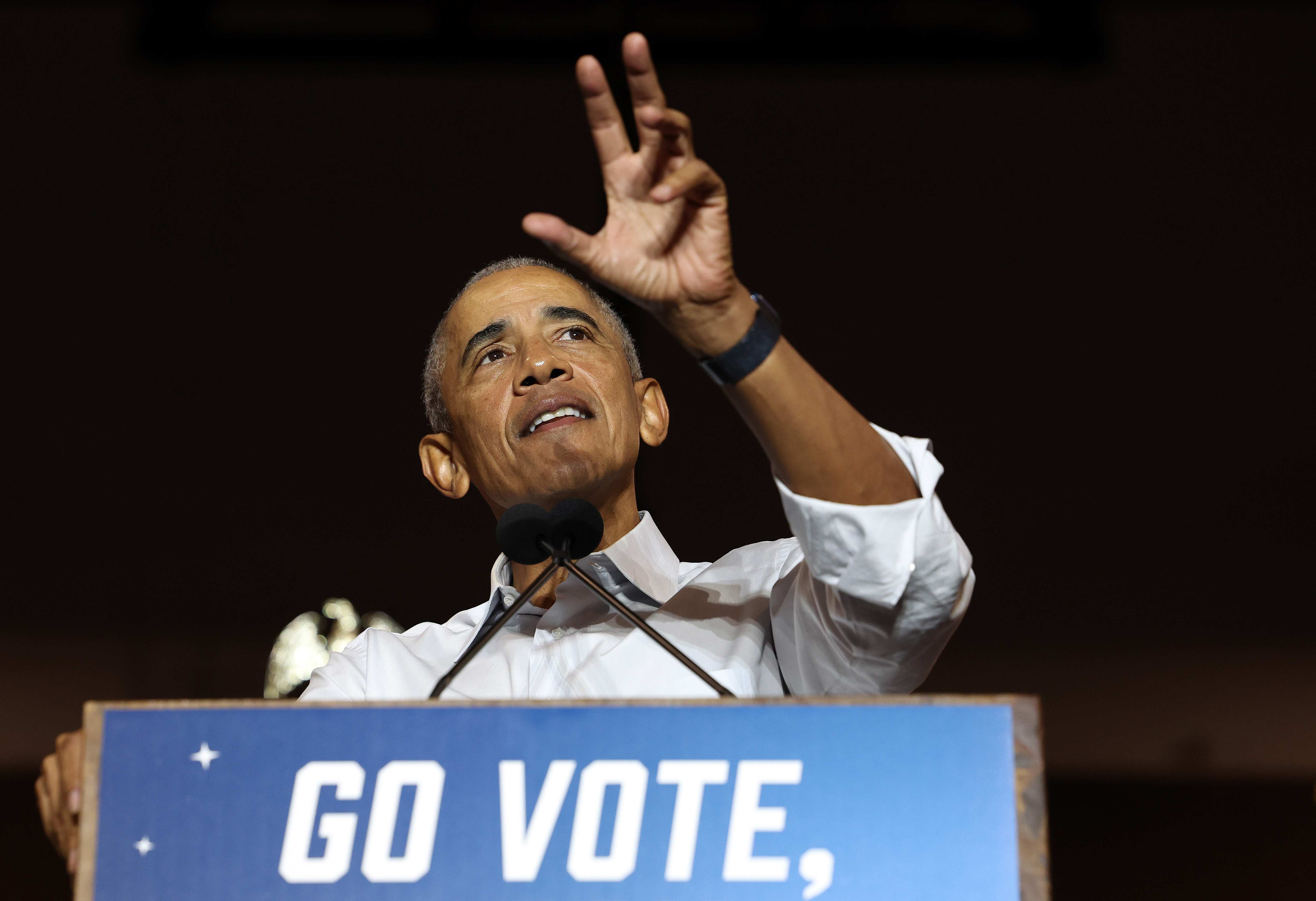 Former President Barack Obama seen during a rally speech. 