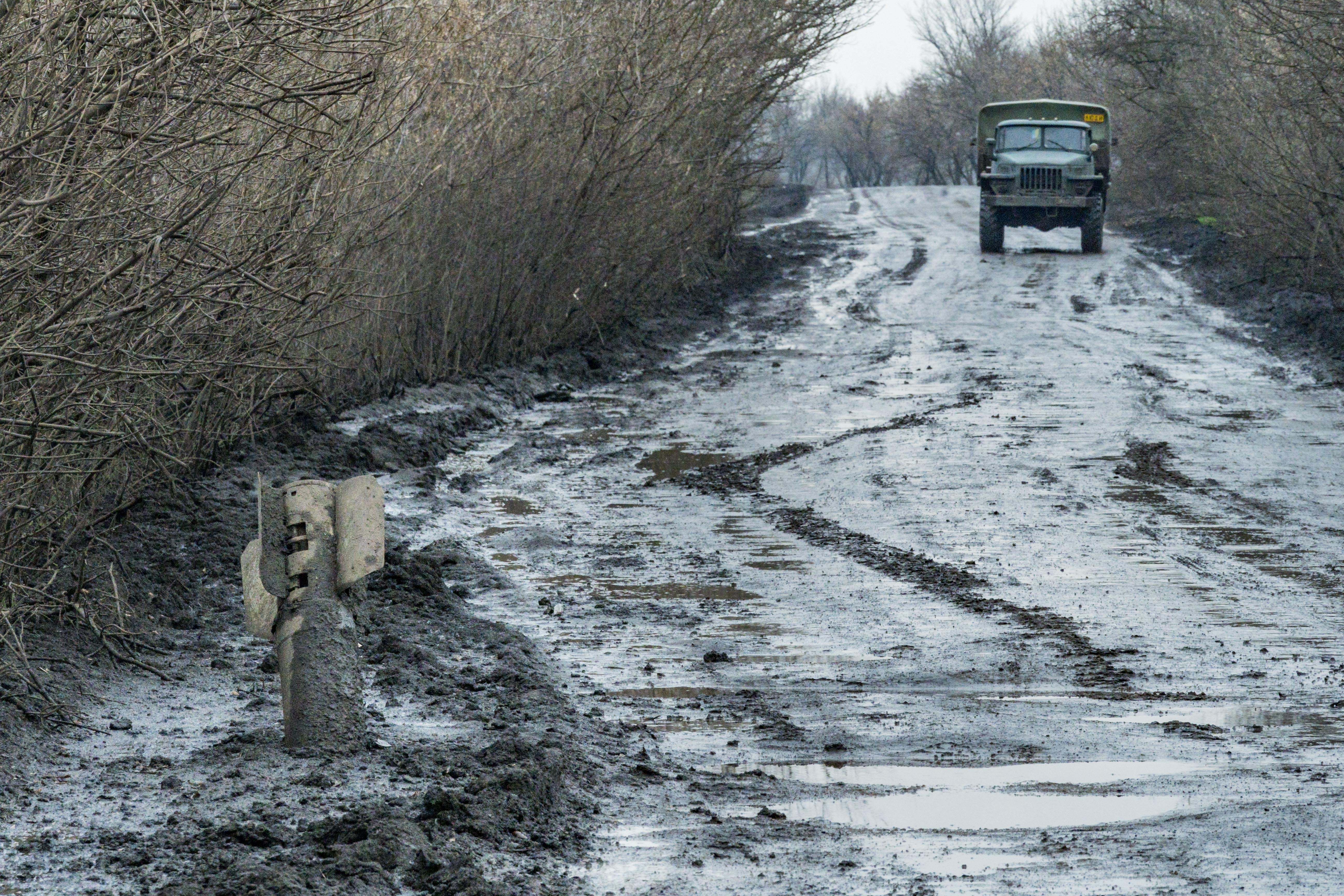 A muddy road seen in the Donbas region of Ukraine. 
