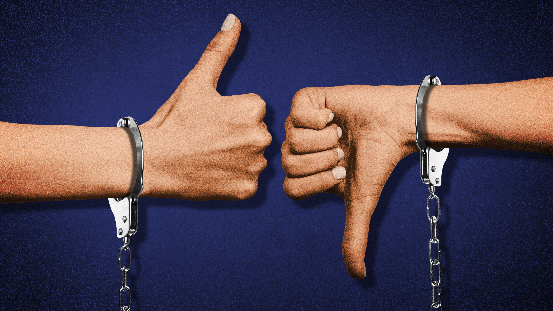 Two hands in cuffs, one giving a thumbs-up and the other giving a thumbs-down