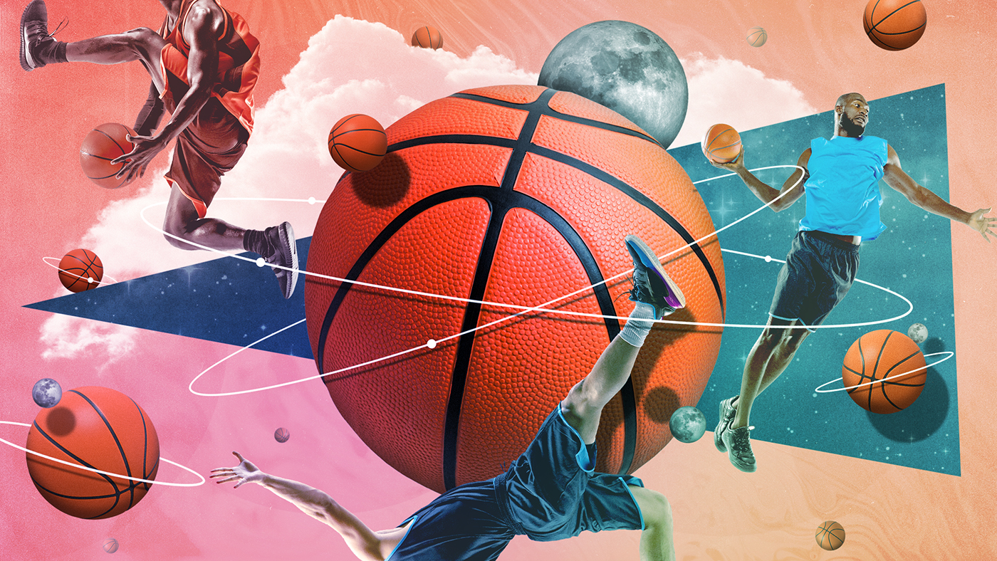 An illustrated collage of a basketball surrounded by players