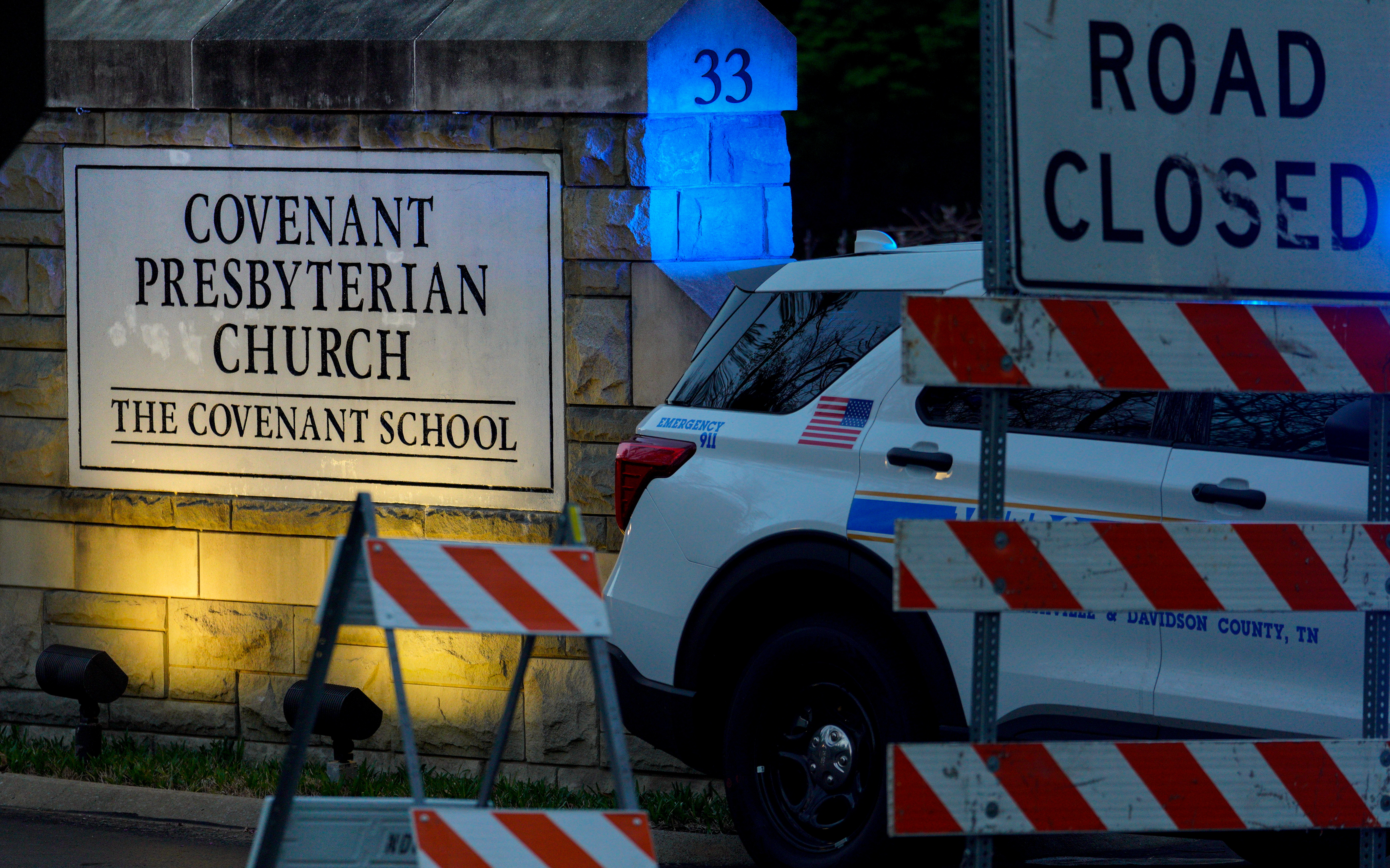 Police blocking the entrance of the Covenant School