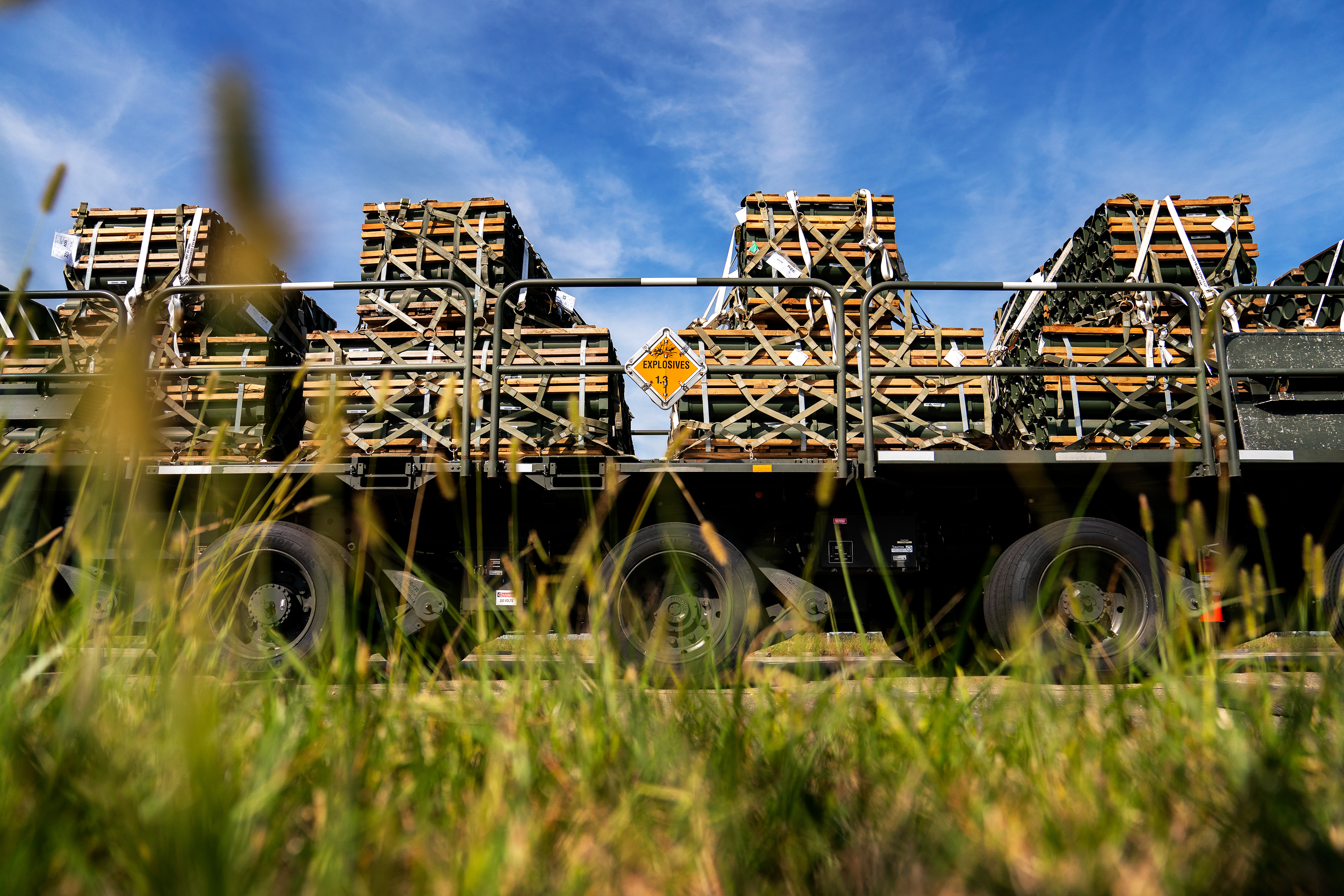 Cargo of ammunition, weapons and other equipment bound for Ukraine waiting on a tarmac at Dover Air Force Base in Dover, Delaware