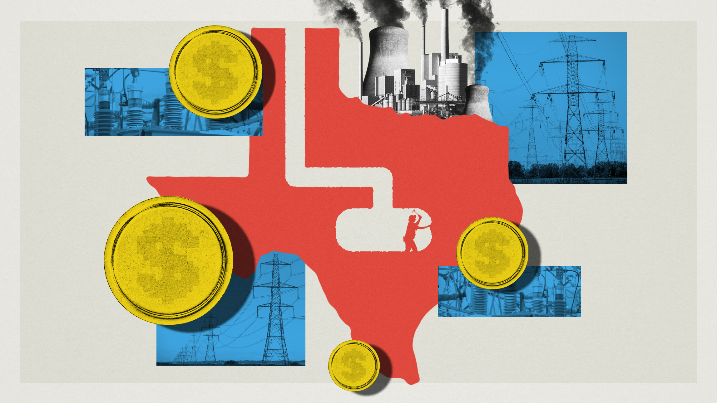 An illustrated collage of the state of Texas, Bitcoins, and power grid imagery