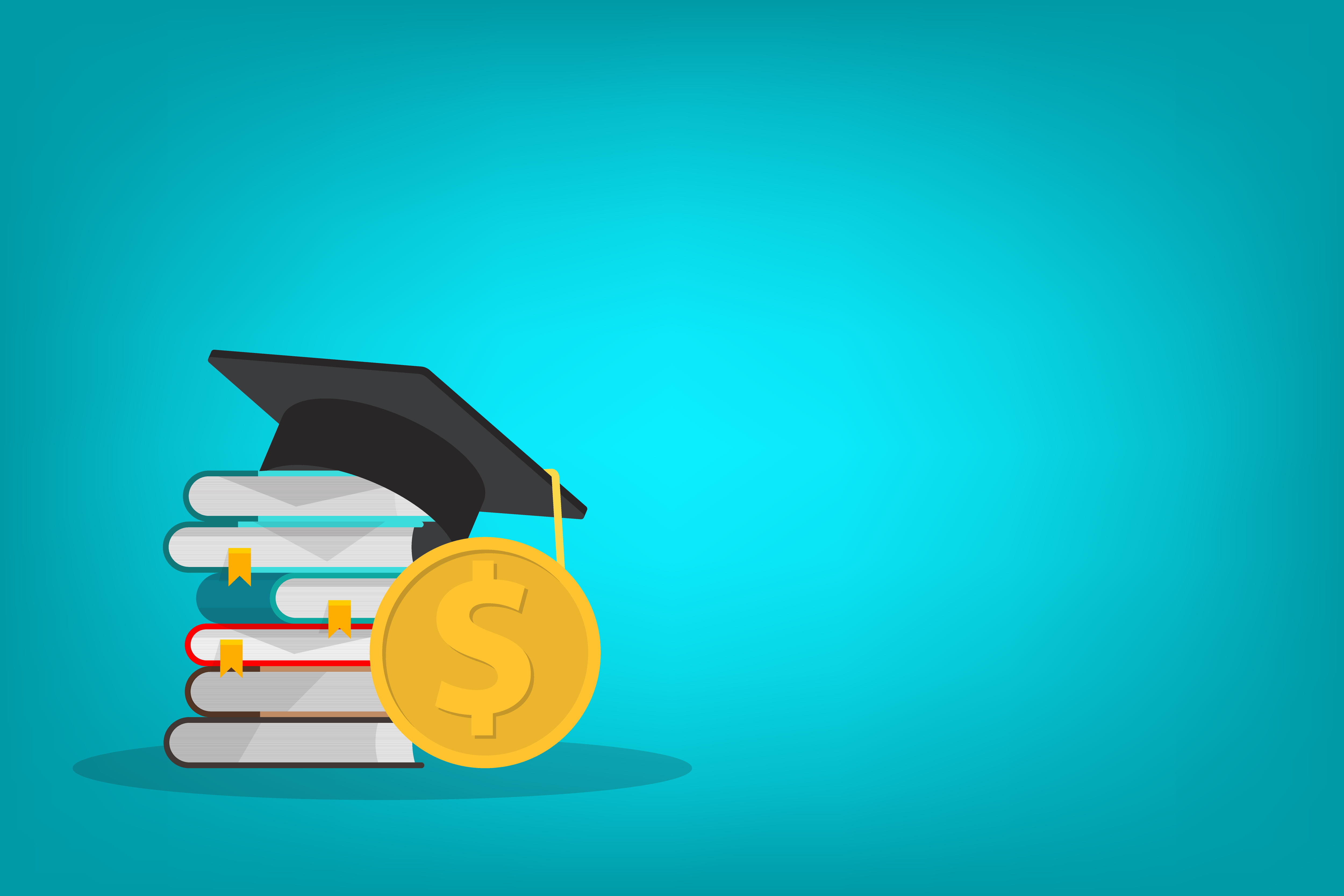 An illustrated image of a stack of books topped by a mortarboard alongside a coin