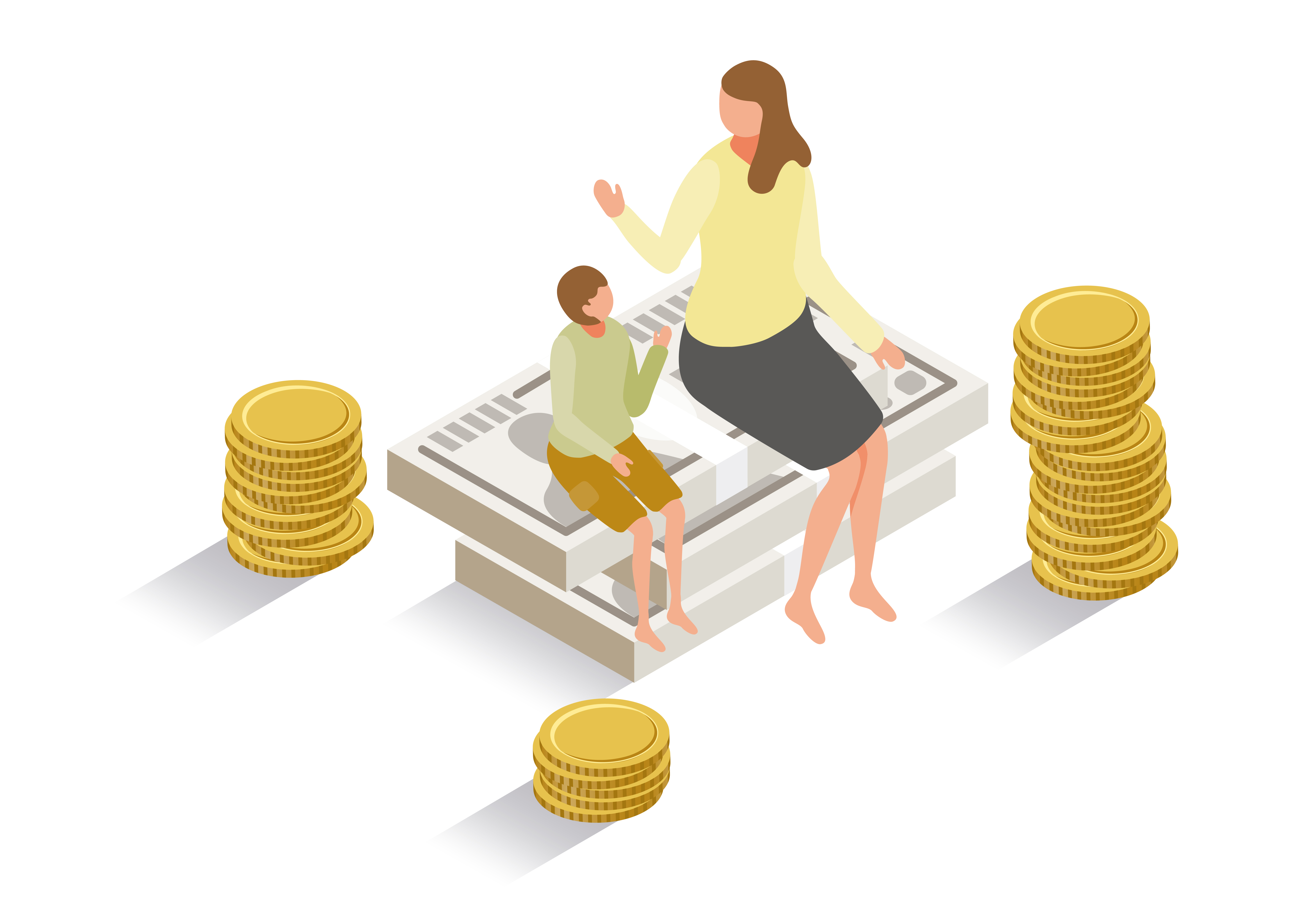 An illustrated image of a mother and child sitting on top of a stack of cash