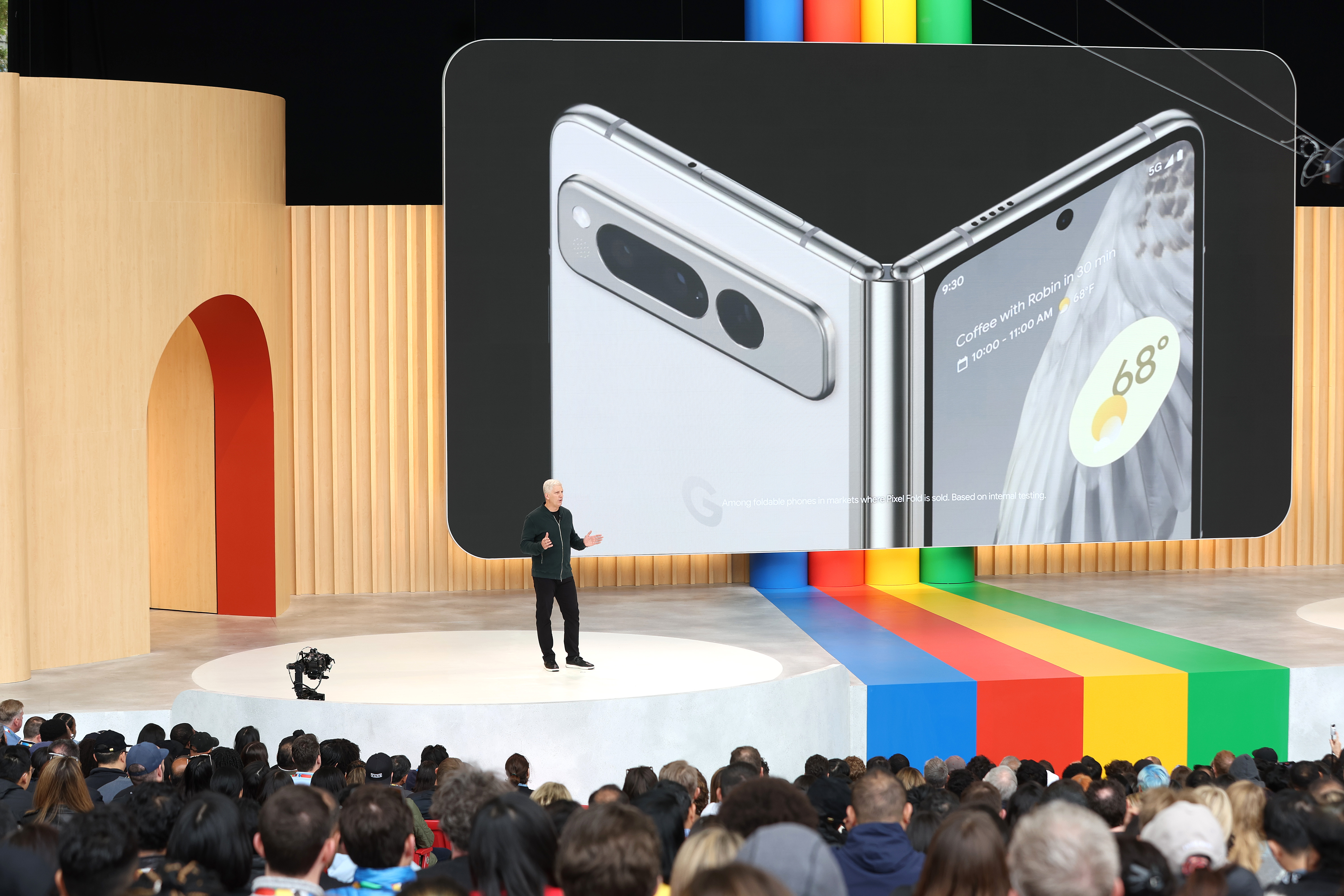 A picture of a speaker on stage at Google&#039;s developer conference