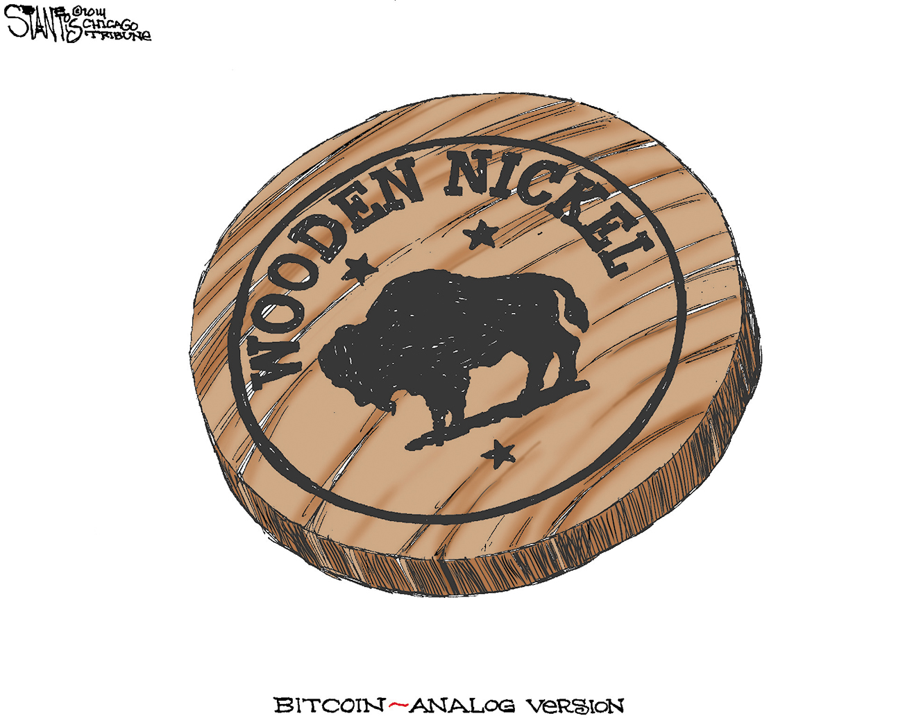 Editorial Cartoon U.S. bitcoin wooden nickel